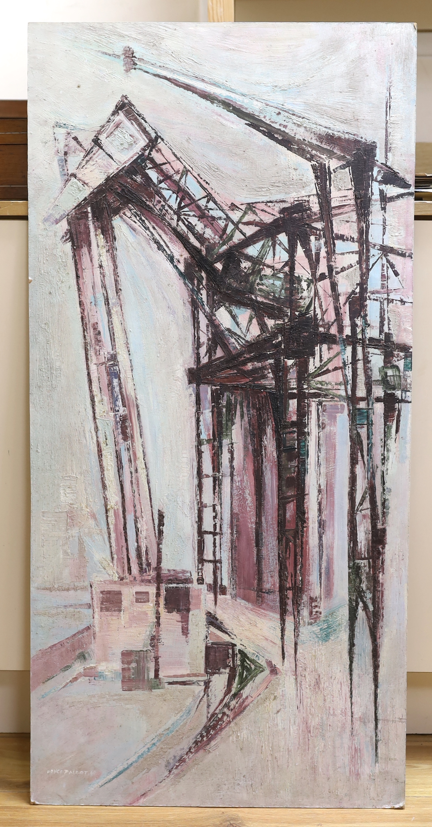 Joyce Pallot (British 1912-2004), oil on board, 'Grain Elevator', signed and inscribed verso and dated '60, 108 x 52cm, unframed